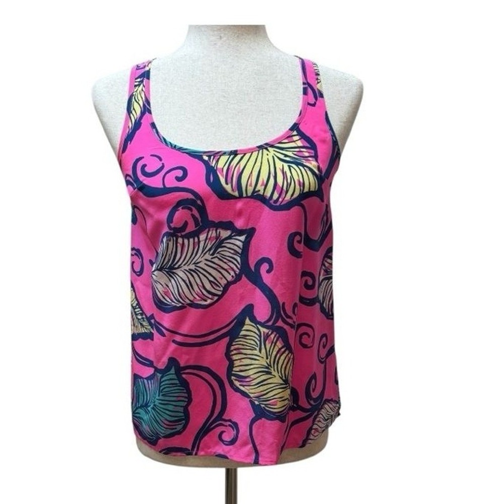 Lilly Pulitzer XXS Pink Silk In The Vibe Tropical Leaf Back Zip Tank Top Blouse